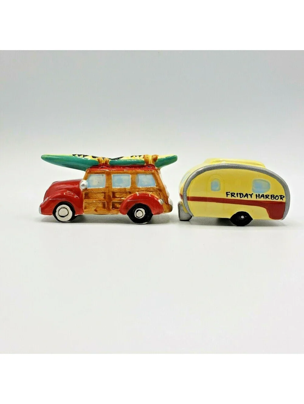 Ceramic Woody Station Wagon & Camper Salt Pepper Shakers Kayak Car RV